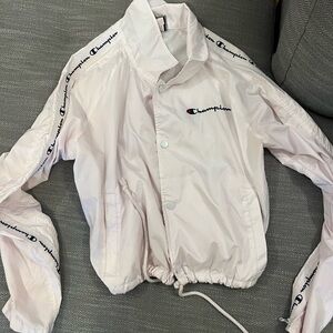 Champion Women's Zipper Tape Cropped Oversized C Script Logo Jacket White Medium